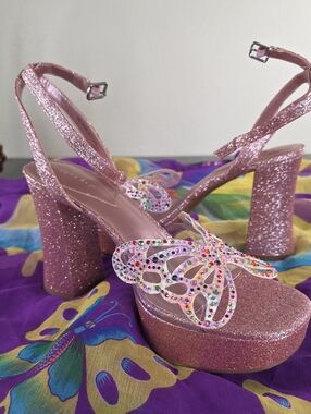 COPPER KEY 10M Glitter Butterfly Platform Sandals - Pink SLIVER RHINESTONES